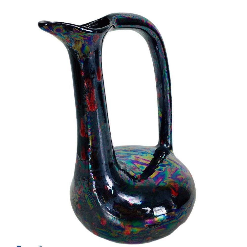 Vintage Black Iridescent Glazed Oil slick Petrol Gothic Bird Ewer Pitcher Vase